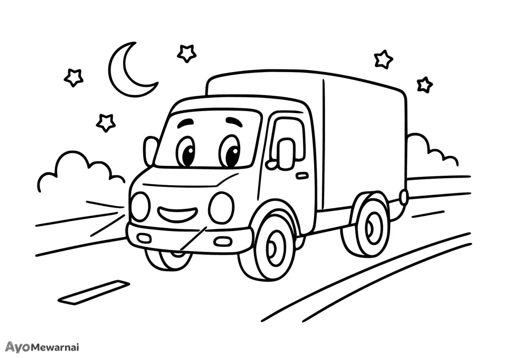 Gambar Mewarnai Truk di Malam Hari