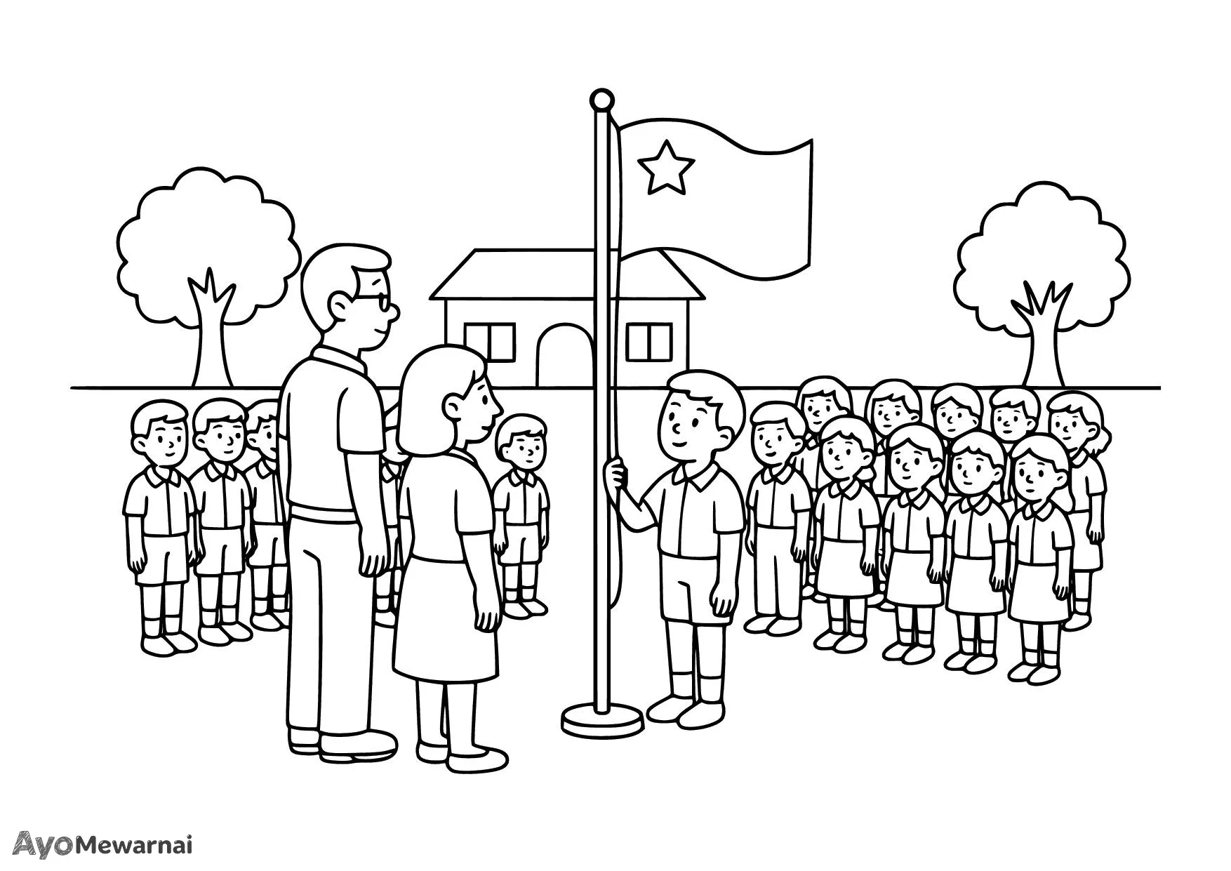 Gambar Mewarnai Upacara Bendera di Sekolah