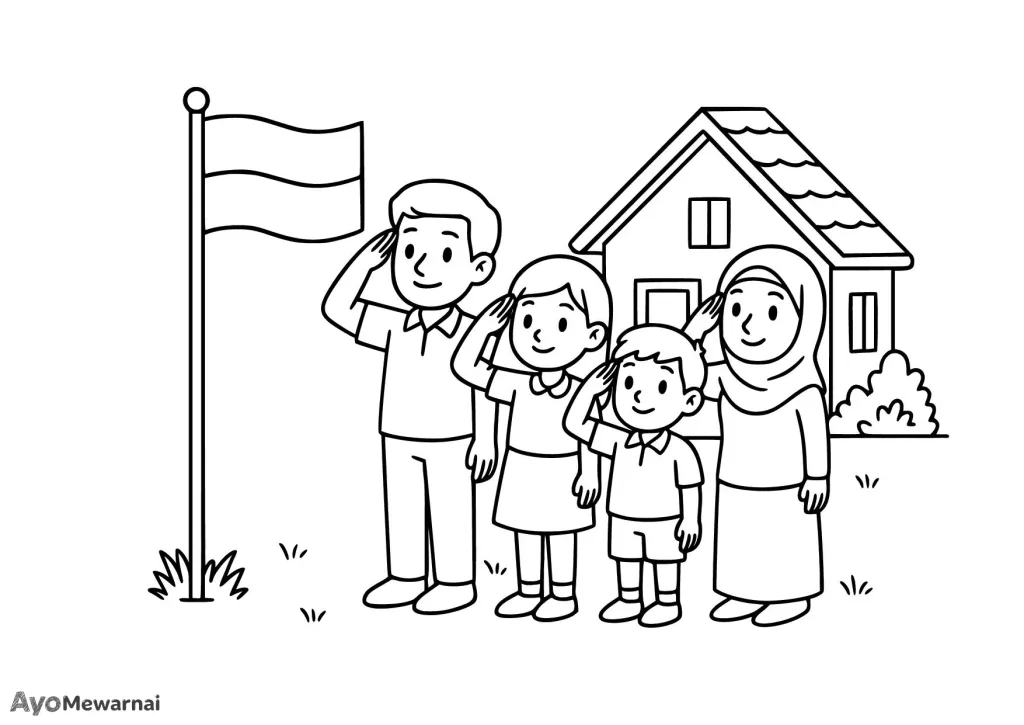 Gambar Mewarnai Warga Menghormat Bendera Indonesia