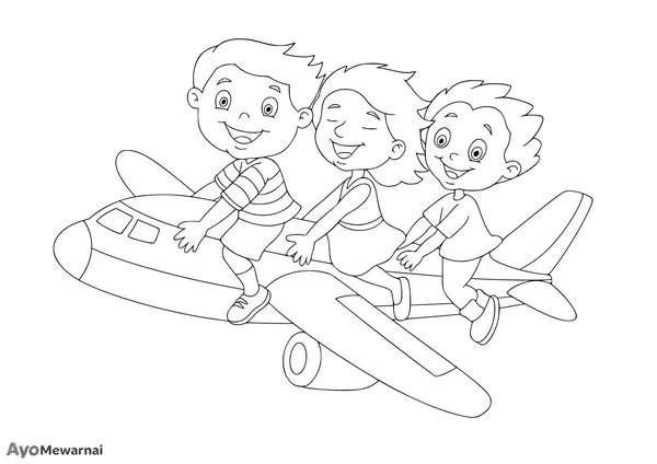 Gambar Mewarnai Anak-Anak Naik Pesawat Terbang