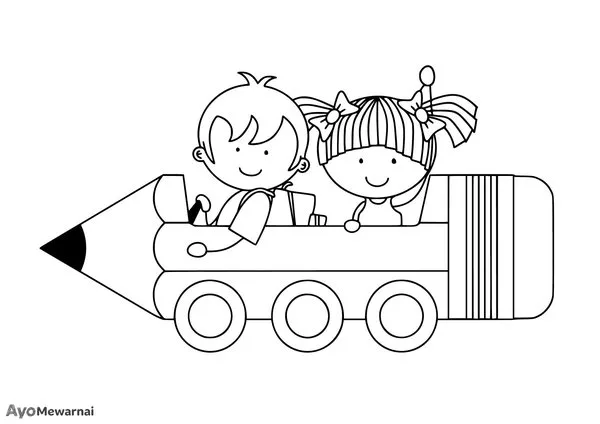 Gambar Mewarnai Anak-Anak di Mobil Pensil