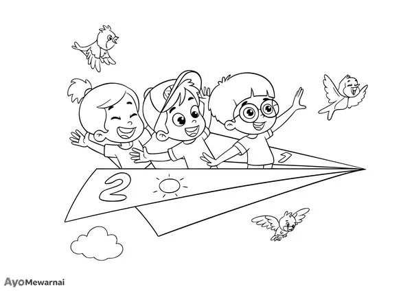 Gambar Mewarnai Anak-Anak di Pesawat Kertas