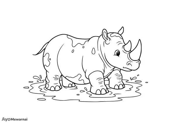 Gambar Mewarnai Anak Badak Bermain Lumpur