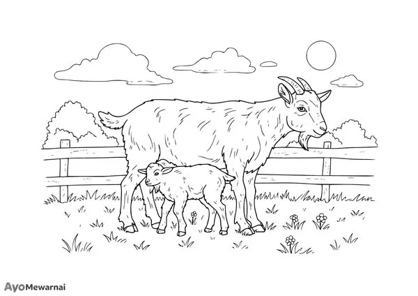 Gambar Mewarnai Anak Kambing Menyusu
