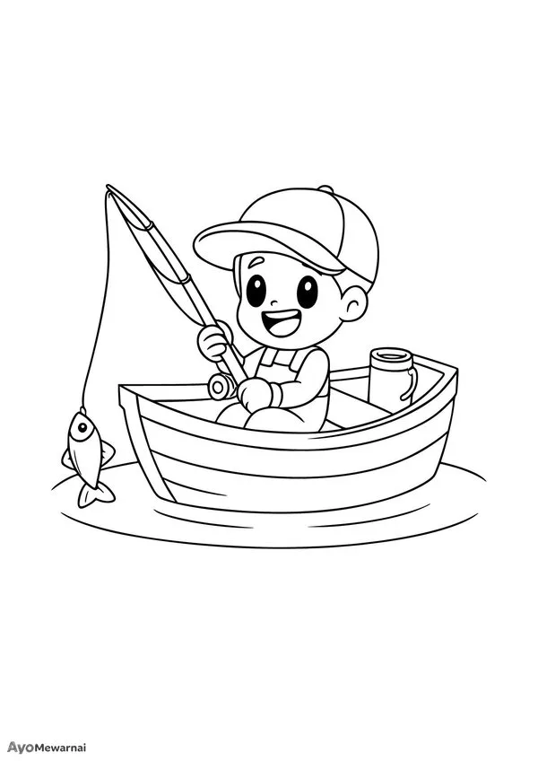Gambar Mewarnai Anak Kecil Memancing di Perahu