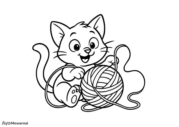 Gambar Mewarnai Anak Kucing Bermain Benang