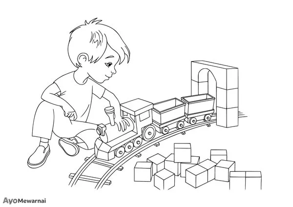 Gambar Mewarnai Anak Laki-Laki Bermain Kereta