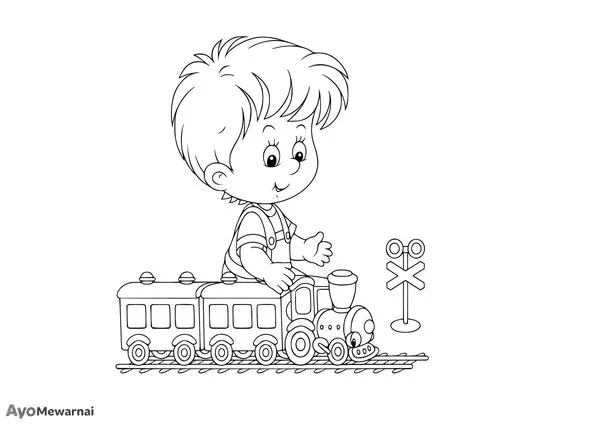 Gambar Mewarnai Anak Laki-Laki dan Kereta Mainan