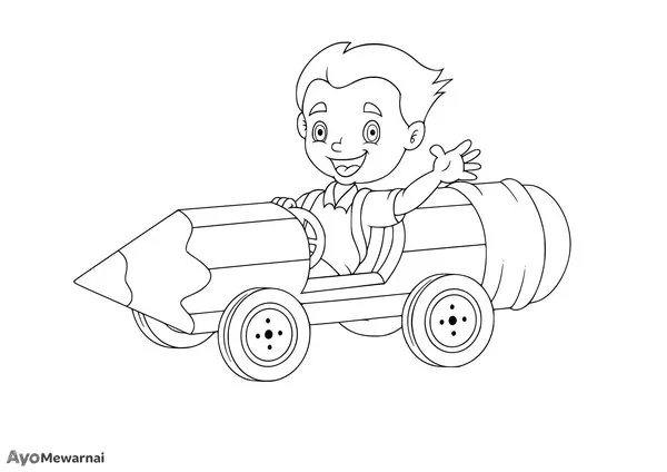 Gambar Mewarnai Anak Laki-Laki di Mobil Pensil