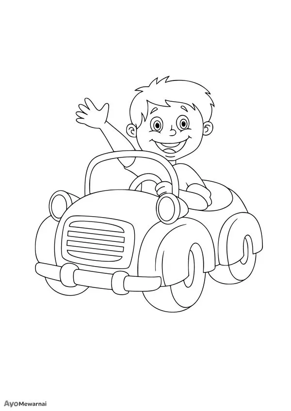 Gambar Mewarnai Anak Melambai dari Mobil