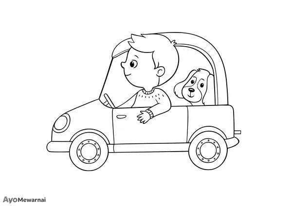 Gambar Mewarnai Anak laki laki dan Anjingnya Naik Mobil