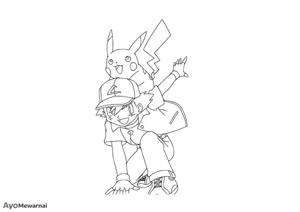 Gambar Mewarnai Ash Ketchum Bersama Pikachu