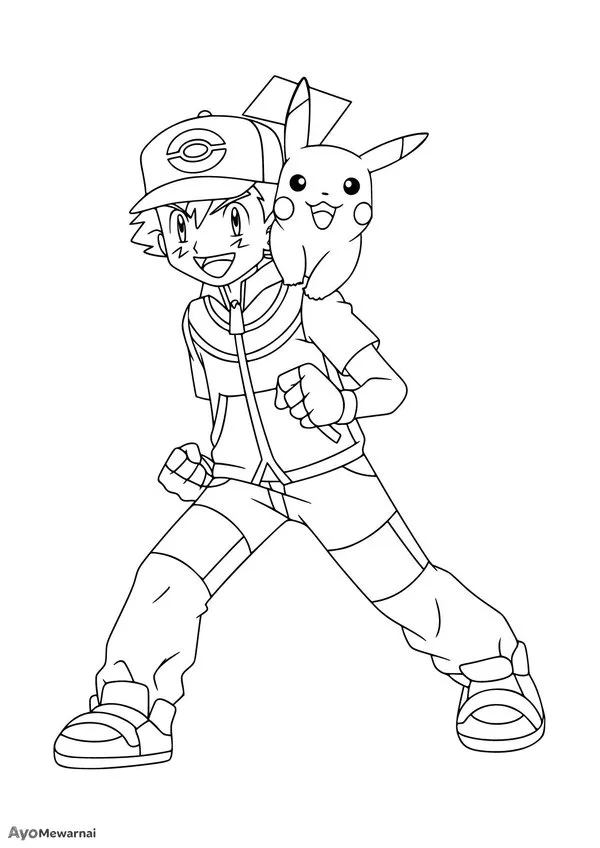 Gambar Mewarnai Ash Ketchum dan Pikachu