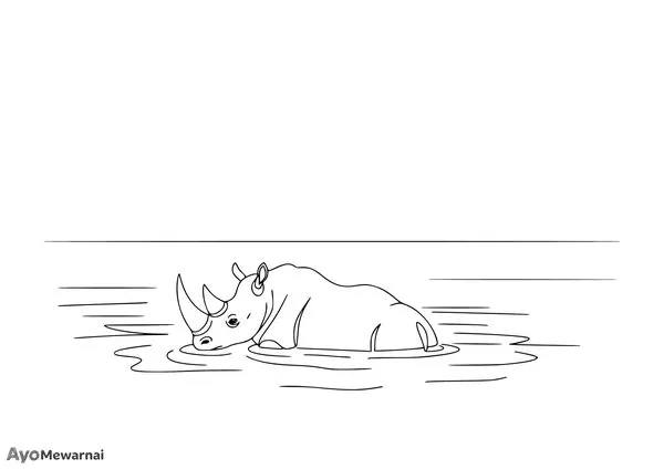 Gambar Mewarnai Badak Berendam di Danau