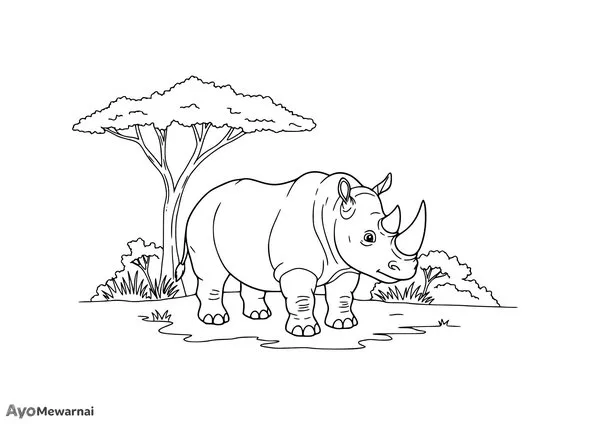 Gambar Mewarnai Badak di Dekat Pepohonan