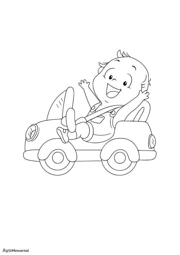 Gambar Mewarnai Bayi Naik Mobil Mainan
