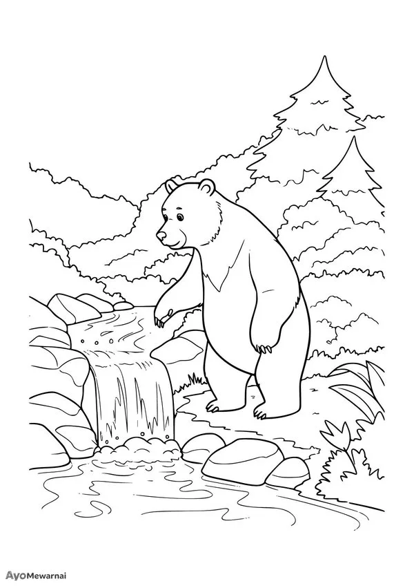 Gambar Mewarnai Beruang Bermain di Sungai
