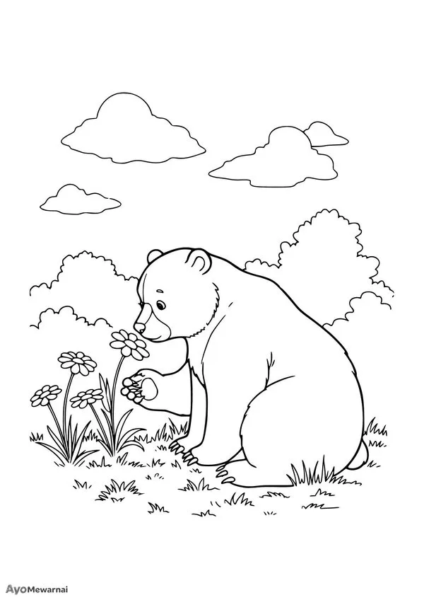 Gambar Mewarnai Beruang Mencium Bunga
