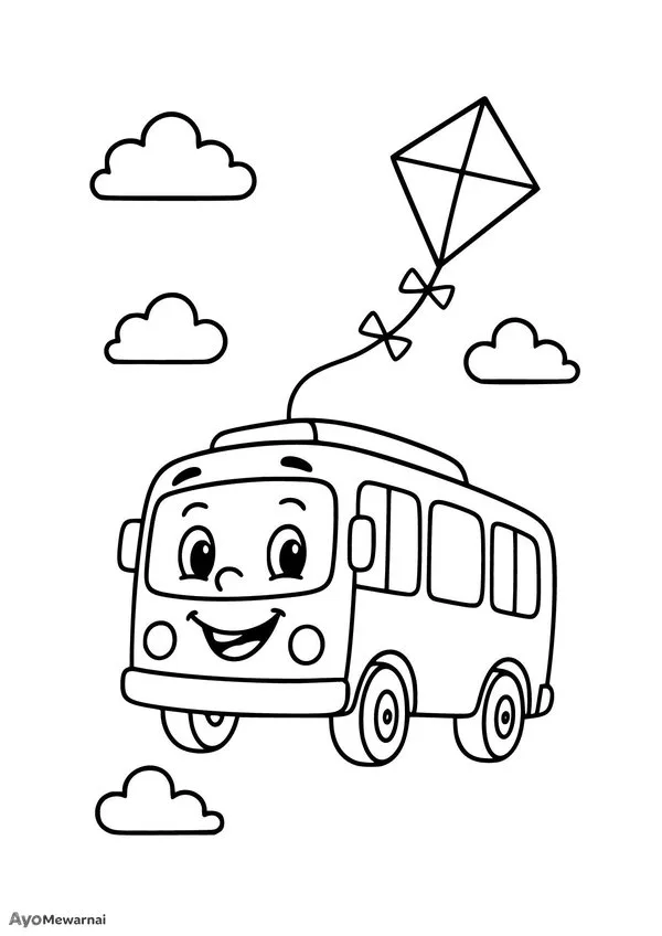 Gambar Mewarnai Bus Bermain Layang-layang