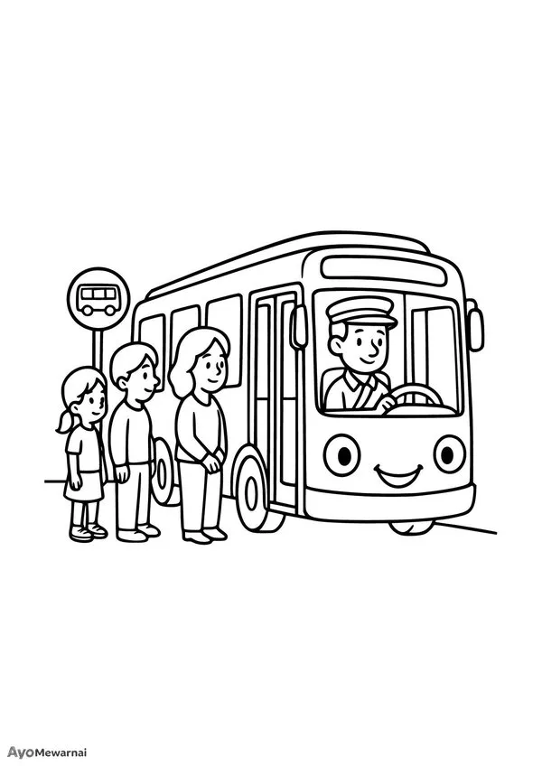 Gambar Mewarnai Bus Kota di Halte