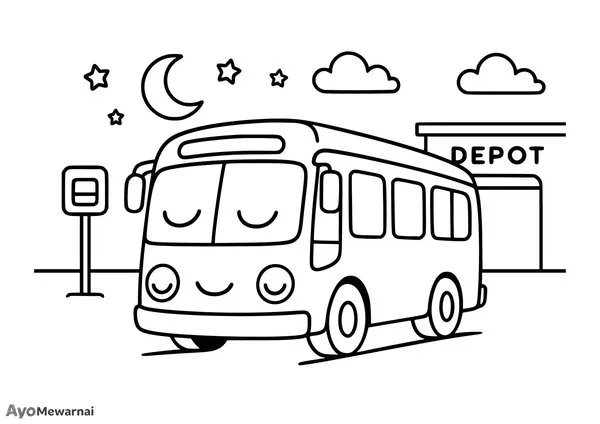 Gambar Mewarnai Bus Malam yang Mengantuk