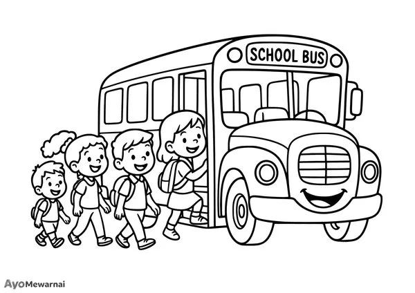 Gambar Mewarnai Bus Sekolah yang Sibuk