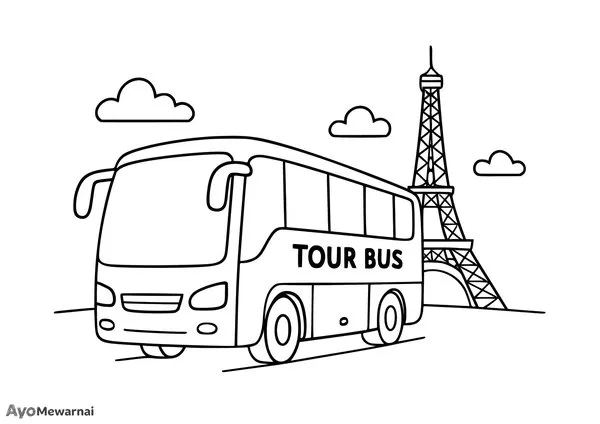 Gambar Mewarnai Bus Wisata di Depan Monumen