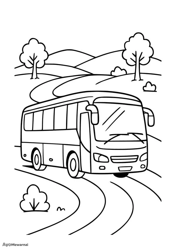 Gambar Mewarnai Bus Wisata di Pedesaan