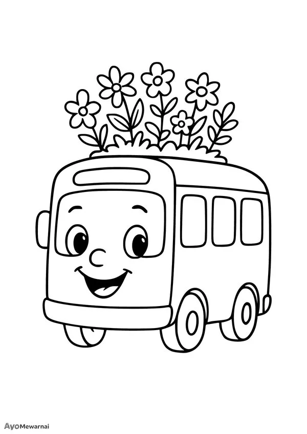 Gambar Mewarnai Bus dengan Bunga di Atap