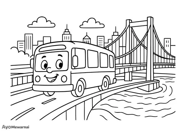 Gambar Mewarnai Bus di Jembatan