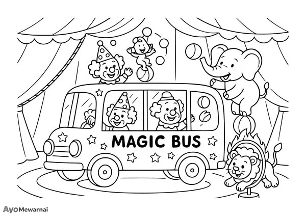 Gambar Mewarnai Bus di Sirkus