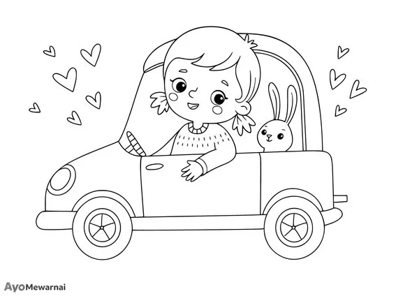 Gambar Mewarnai Gadis dan Kelinci di Mobil