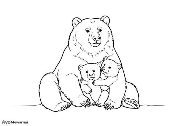 Gambar Mewarnai Ibu Beruang dan dua Anaknya