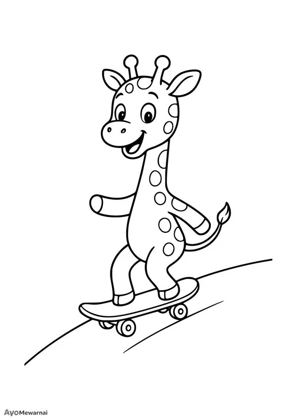 Gambar Mewarnai Jerapah Bermain Skateboard