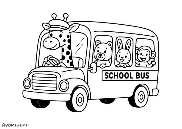 Gambar Mewarnai Jerapah Pengemudi Bus