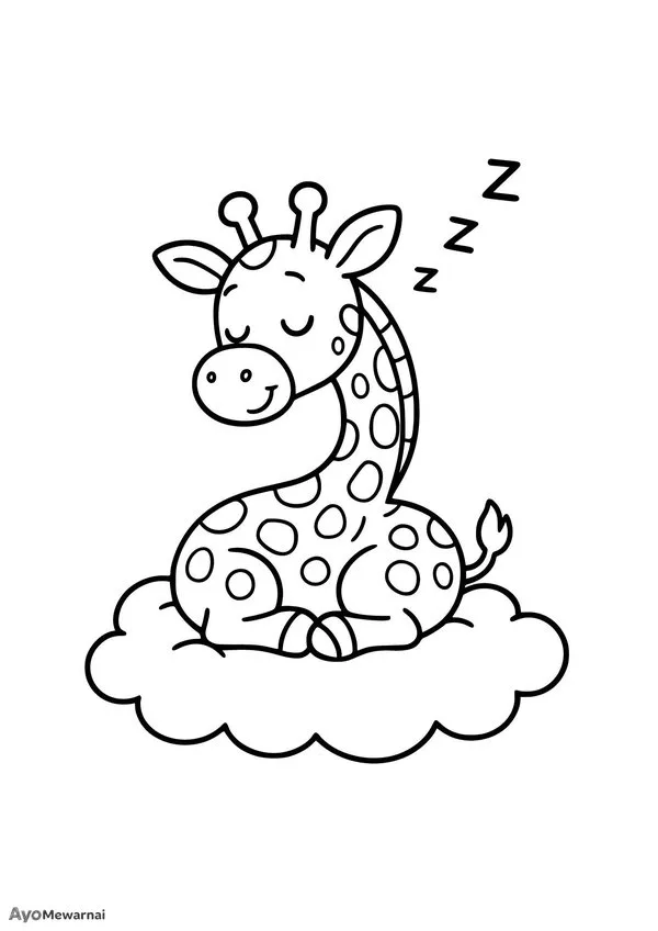Gambar Mewarnai Jerapah Tidur di Awan