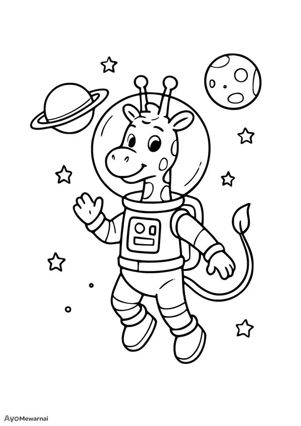 Gambar Mewarnai Jerapah di Luar Angkasa Melambai