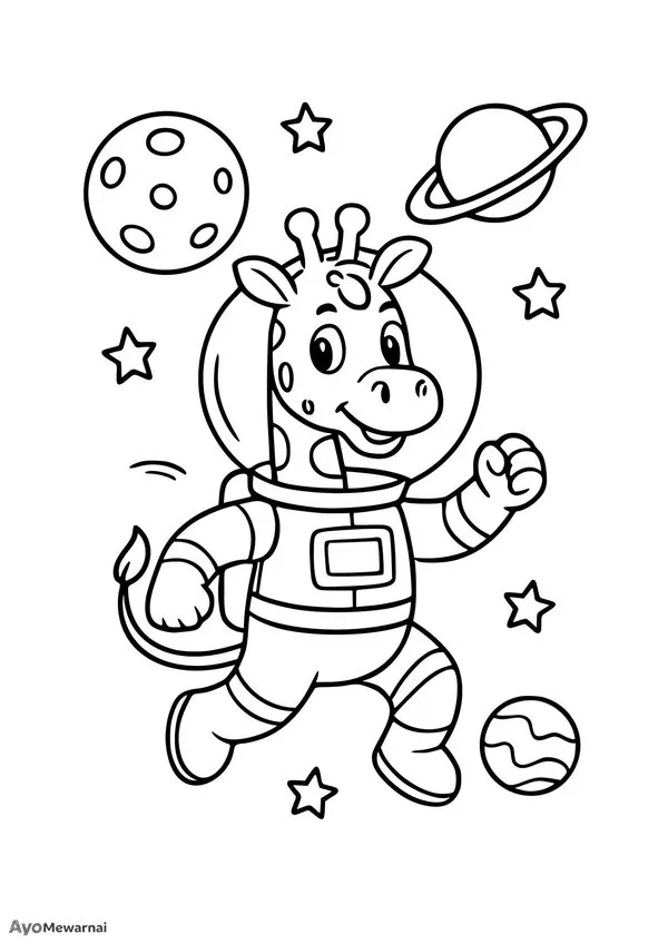 Gambar Mewarnai Jerapah di Luar Angkasa