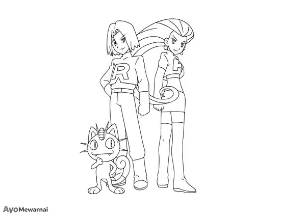 Gambar Mewarnai Jessie, James, dan Meowth dari Team Rocket