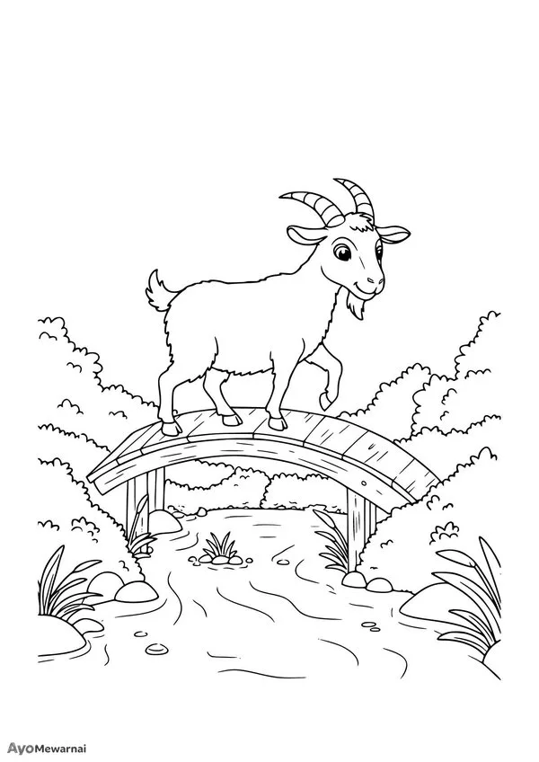 Gambar Mewarnai Kambing Berjalan di Jembatan