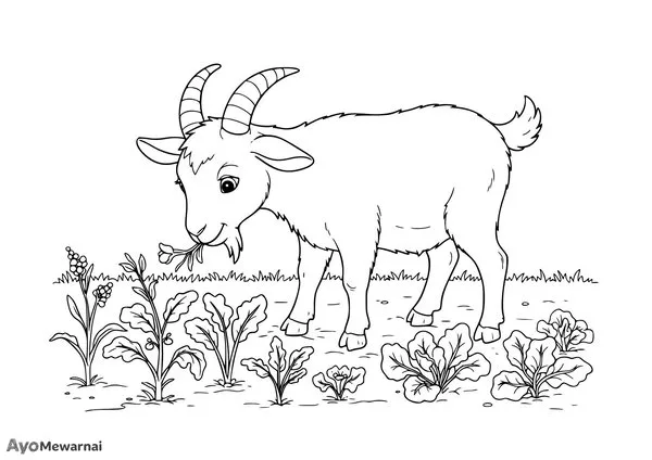 Gambar Mewarnai Kambing Merumput di Kebun