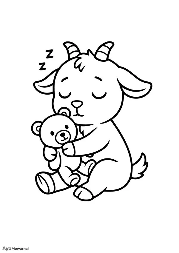 Gambar Mewarnai Kambing Peluk Boneka Beruang