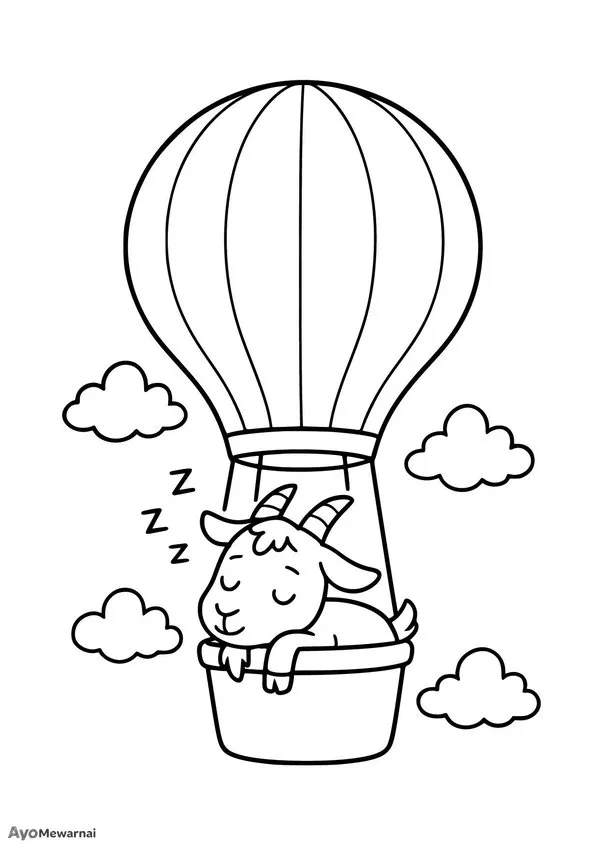 Gambar Mewarnai Kambing Tidur di Balon Udara