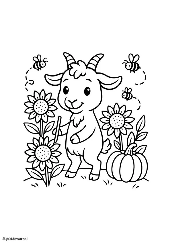 Gambar Mewarnai Kambing di Kebun Bunga