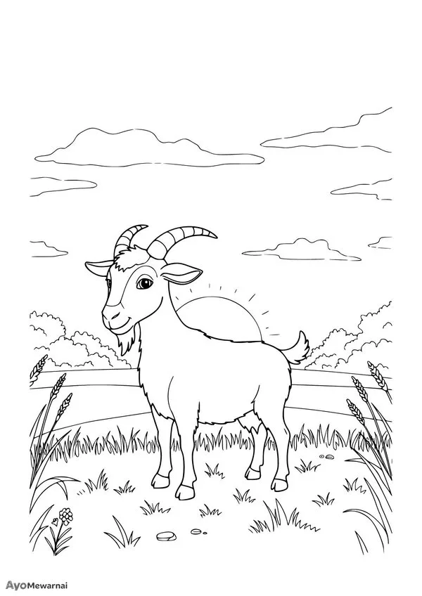 Gambar Mewarnai Kambing di Matahari Terbit