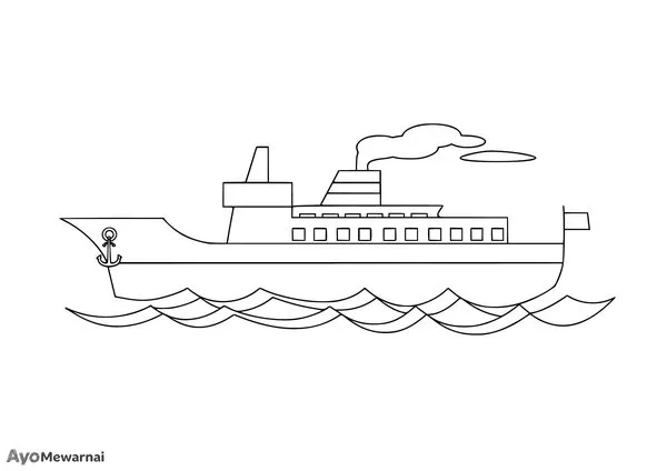 Gambar Mewarnai Kapal Besar Sederhana di Atas Ombak