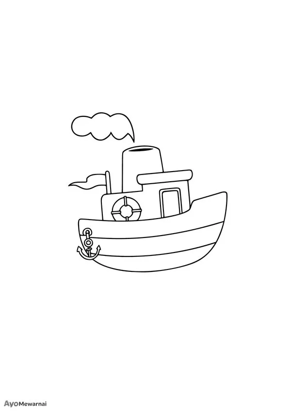 Gambar Mewarnai Kapal Kecil dengan Cerobong Asap