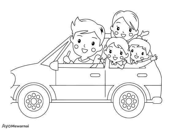 Gambar Mewarnai Keluarga Bahagia di Mobil