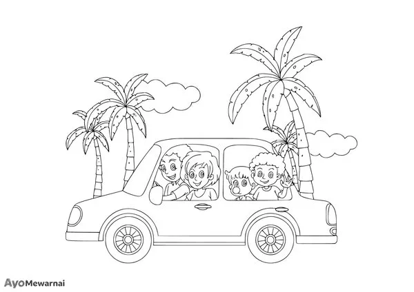 Gambar Mewarnai Keluarga Berlibur di Pantai dengan Mobil