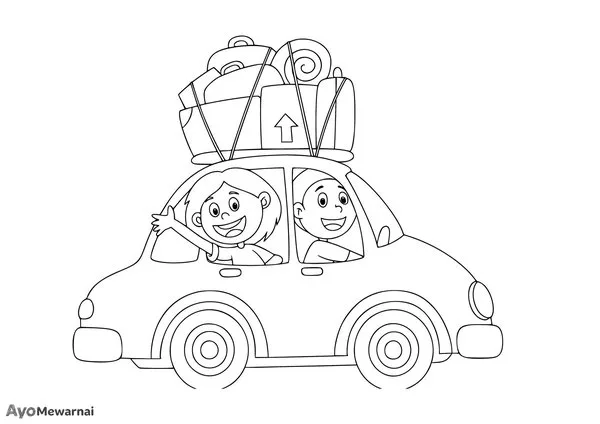 Gambar Mewarnai Keluarga Pergi Berlibur Naik Mobil